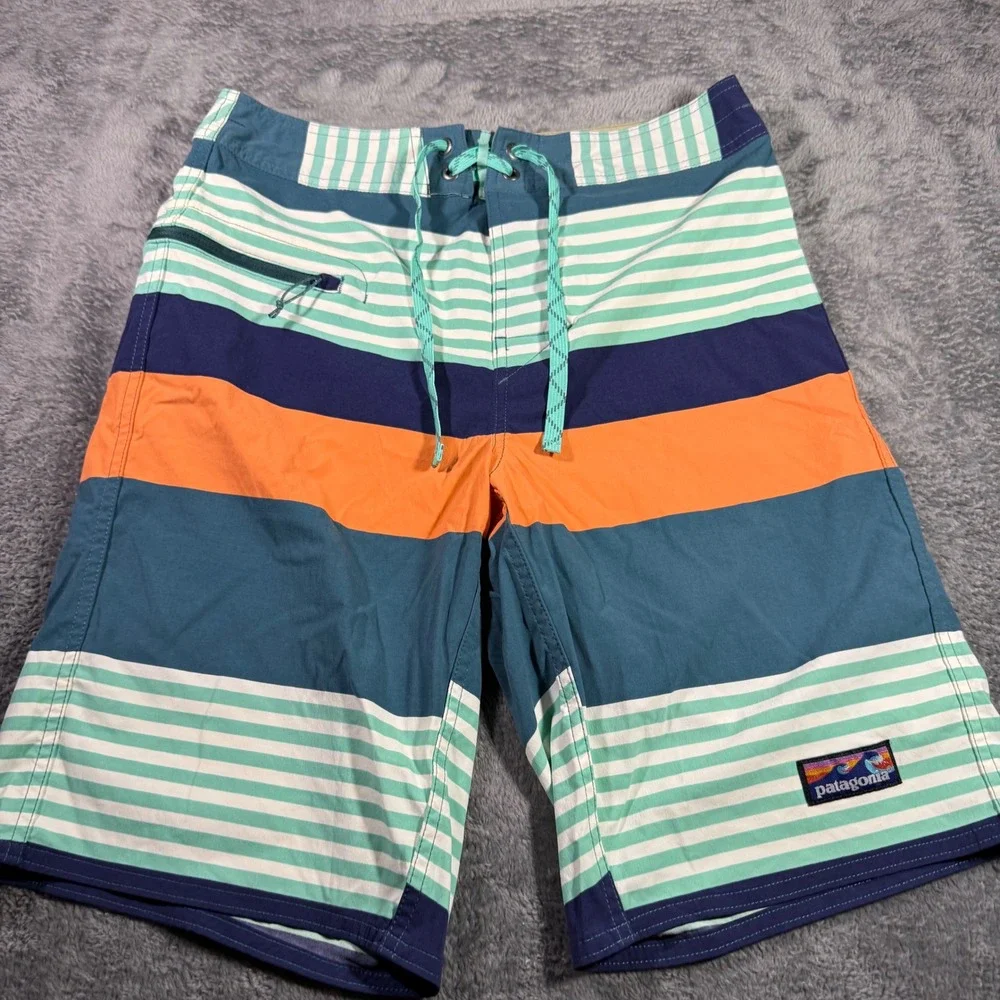 Patagonia‎ Mens Striped Scallop Hem Board Shorts Blue Orange Size 30